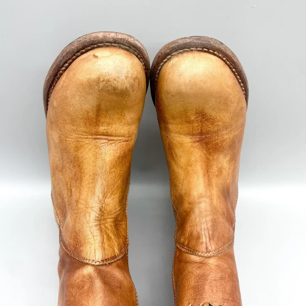 Bed Stu Cambridge Boots Womens 6.5 Tan Distressed Leather Perforated Tall Boho